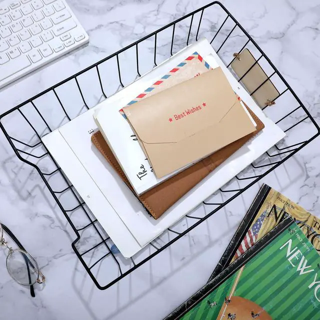 Alt view image 5 of 5 - 12 Pack Wire Paper Baskets for Organizing, Metal Desktop File Organizer, Office Document Storage Basket with Wooden Tags, Paper Trays for Classroom Home School Desktop, 14 x 10 x 3 Inch, Black