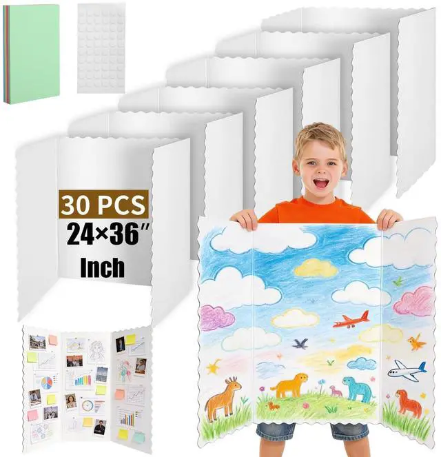 Main image of 30 Pack 24" x 36" White Trifold Poster Board Bulk, Corrugated Foldable Tri-fold Display Board for Science Fair, School Projects, Presentations, Art, Business & Classroom Supplies