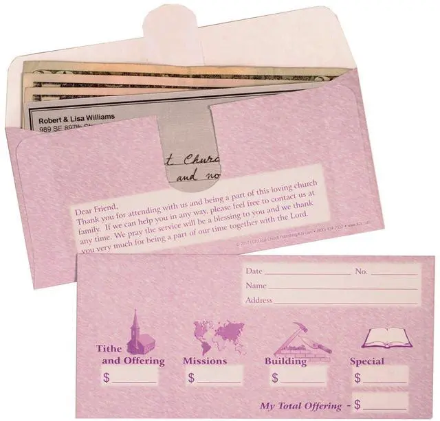 Alt view image 2 of 5 - Church Offering/Tithe Donation Envelopes, Friendly Welcome Message, Missions, Building & Special, Simple Design, Easy-open Tab, Fits Bills & Checks - Purple - Box of 500