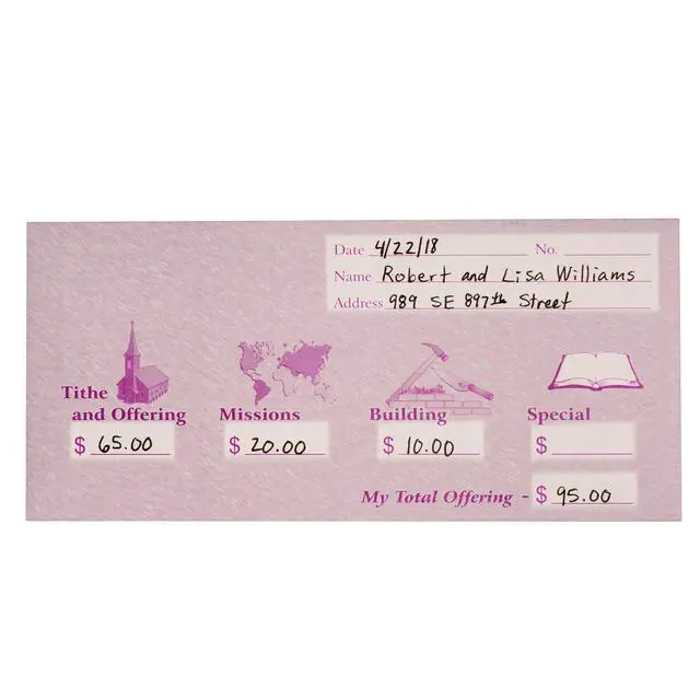 Alt view image 3 of 5 - Church Offering/Tithe Donation Envelopes, Friendly Welcome Message, Missions, Building & Special, Simple Design, Easy-open Tab, Fits Bills & Checks - Purple - Box of 500