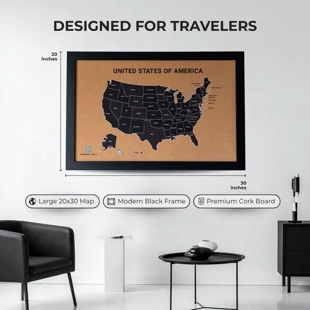 Alt view image 2 of 6 - USA Travel Map With Pins for Wall Large 20x30 Framed Cork Pin Board, Push Pin United States Map with 50 Pins, All 50 States Travel Tracker, Gift for Travelers, Couples and Families