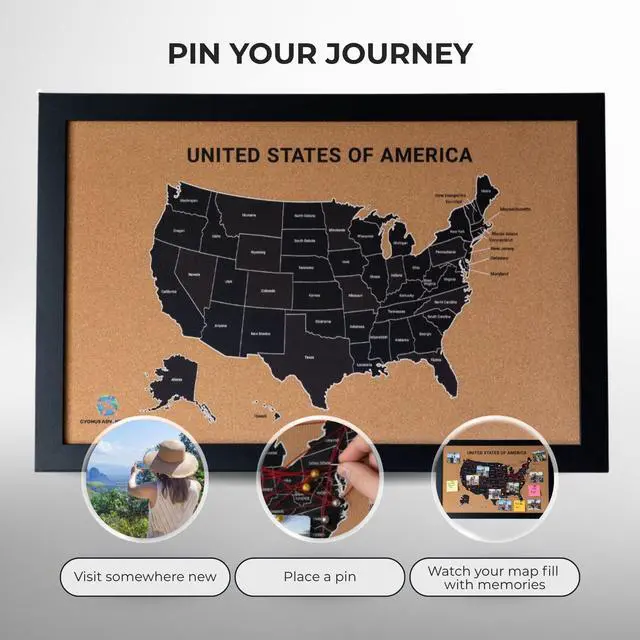Alt view image 6 of 6 - USA Travel Map With Pins for Wall Large 20x30 Framed Cork Pin Board, Push Pin United States Map with 50 Pins, All 50 States Travel Tracker, Gift for Travelers, Couples and Families