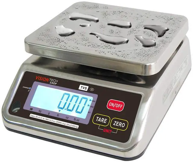 Main image of TVS Portion Control Stainless Steel Washdown Scale, Lb/Oz/Kg/g Switchable, Low Profile Design, 60lb Capacity, 0.01lb Readability, Single Display, NTEP Legal for Trade, NSF Certified