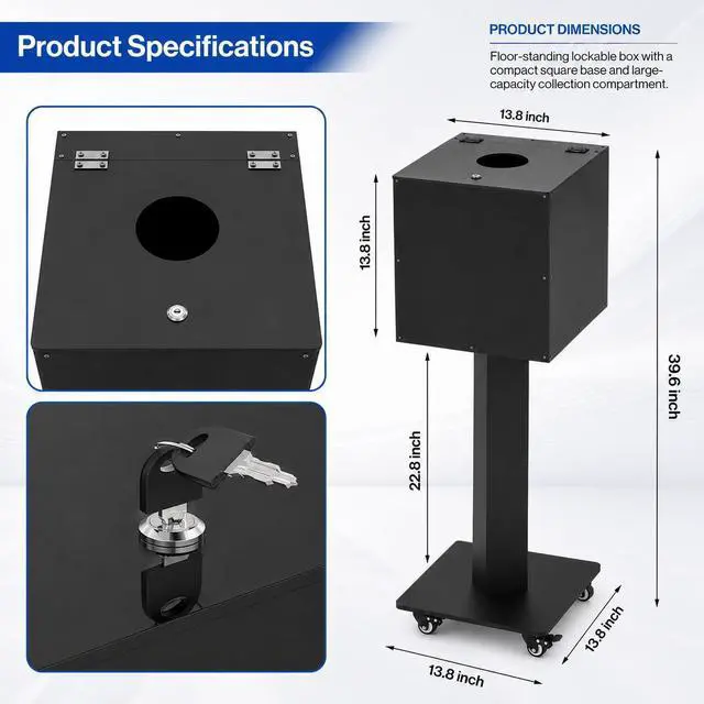 Alt view image 3 of 6 - 13.8" Large Acrylic Raffle Ballot Donation Box with Stand & Wheels | Lockable Floor Standing Box with Lock & 2 Keys for Fundraisers, Church, School, Bingo - Holds 3,000 Tickets or 100 Balls