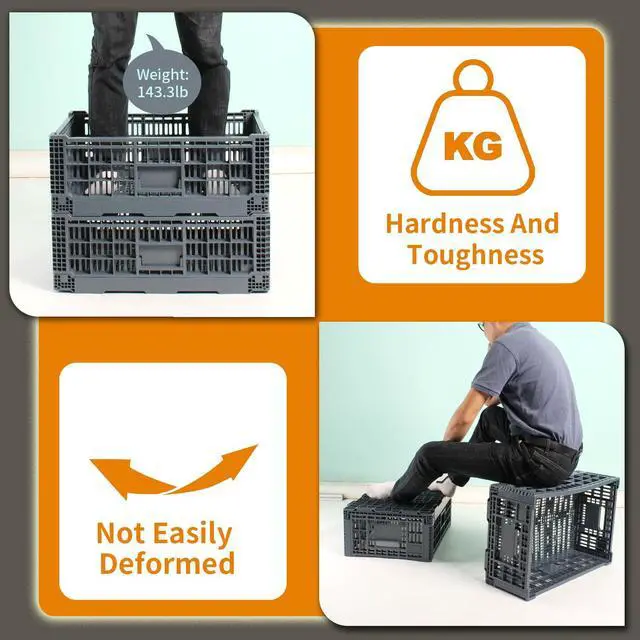 Alt view image 3 of 6 - Collapsible Storage Crate, 52 Liter Heavy Duty Plastic Storage Box, Milk Crates Heavy Duty Transit Storage, Gray (2)