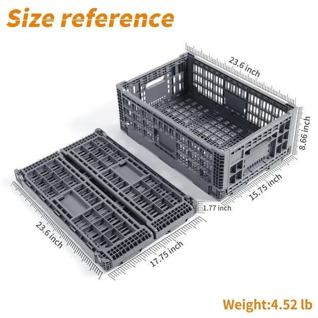 Alt view image 4 of 6 - Collapsible Storage Crate, 52 Liter Heavy Duty Plastic Storage Box, Milk Crates Heavy Duty Transit Storage, Gray (2)