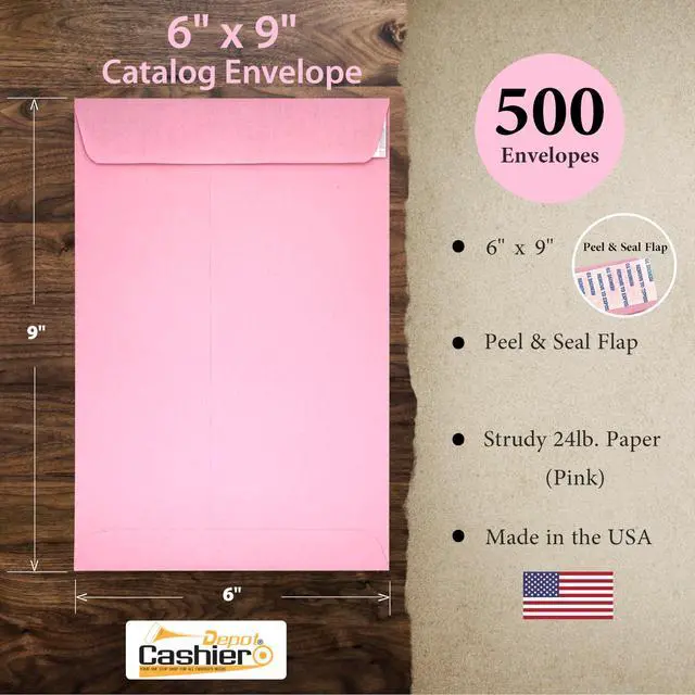 Alt view image 2 of 3 - Cashier Depot 6x9 inch Catalog Envelopes, Pastel Colors, Peel & Seal, 24lb. Paper, Made in USA, 500 Count (500, Pink)