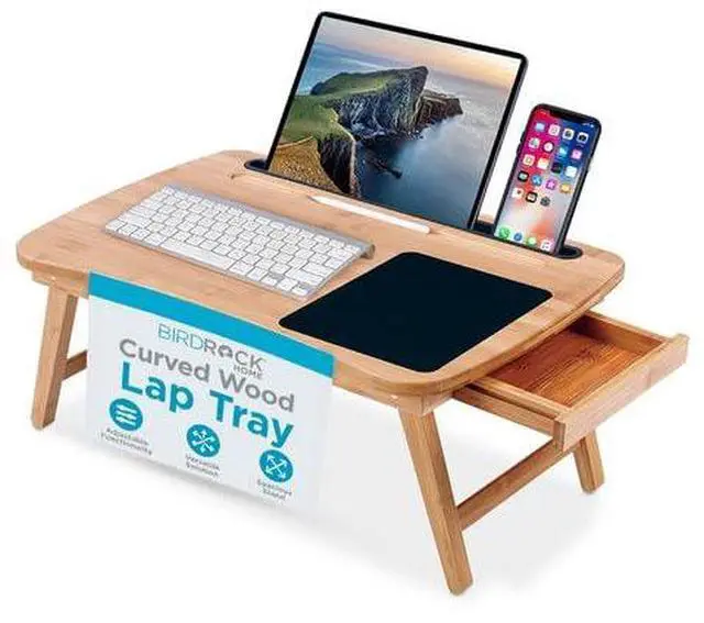 Main image of Curved Wood Lap Tray with Foldout Legs, Storage Drawer, Mouse Pad, Fits Laptops Up to 17", Tablet and Phone Slot, Laptop Table for Sitting or Standing, Work from Home - Natural