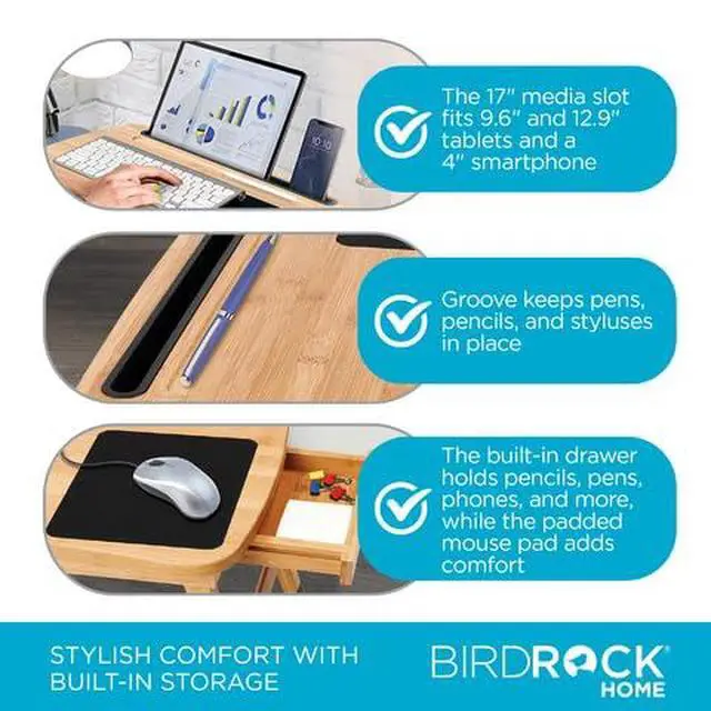 Alt view image 3 of 5 - Curved Wood Lap Tray with Foldout Legs, Storage Drawer, Mouse Pad, Fits Laptops Up to 17", Tablet and Phone Slot, Laptop Table for Sitting or Standing, Work from Home - Natural