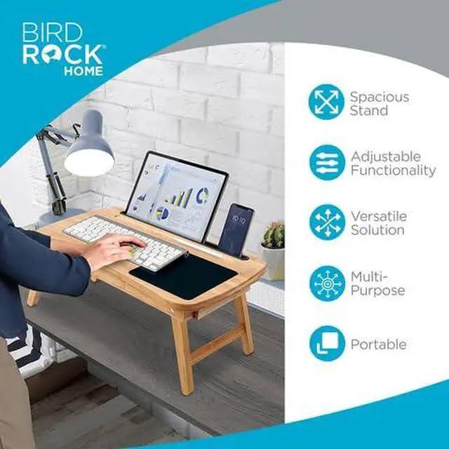 Alt view image 4 of 5 - Curved Wood Lap Tray with Foldout Legs, Storage Drawer, Mouse Pad, Fits Laptops Up to 17", Tablet and Phone Slot, Laptop Table for Sitting or Standing, Work from Home - Natural
