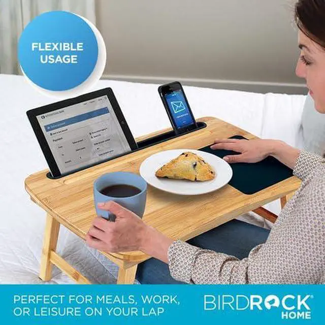 Alt view image 5 of 5 - Curved Wood Lap Tray with Foldout Legs, Storage Drawer, Mouse Pad, Fits Laptops Up to 17", Tablet and Phone Slot, Laptop Table for Sitting or Standing, Work from Home - Natural