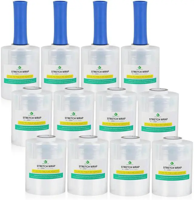 Main image of 12 Packs Stretch Film Shrink Wrap Roll - 80 Gauge 5" x 1000Ft - Industrial Strength Plastic Wrap with Handle Durable Self-Adhering Mini Clear Wrap for Moving, Packing, Furniture & Pallet