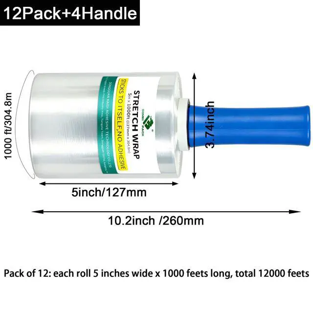 Alt view image 2 of 6 - 12 Packs Stretch Film Shrink Wrap Roll - 80 Gauge 5" x 1000Ft - Industrial Strength Plastic Wrap with Handle Durable Self-Adhering Mini Clear Wrap for Moving, Packing, Furniture & Pallet