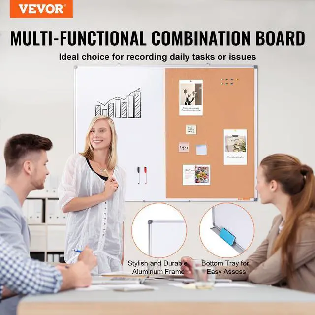 Alt view image 2 of 6 - 48"x 36" Whiteboard & Cork Board Combo with Aluminum Frame 2-in-1 Magnetic Dry Erase Bulletin Board for Wall Mount Ideal for School, Home, Office