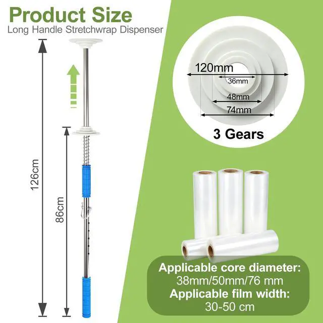 Alt view image 2 of 6 - 2pcs Stretch Film Dispenser Pole Holder, 48 Inch Heavy Duty Long Handle Stretch Wrap Dispenser, Fit Width 12" to 24" Rolls with 2" to 3" Core, for Industrial Grade and Packaging (Film Not Included)