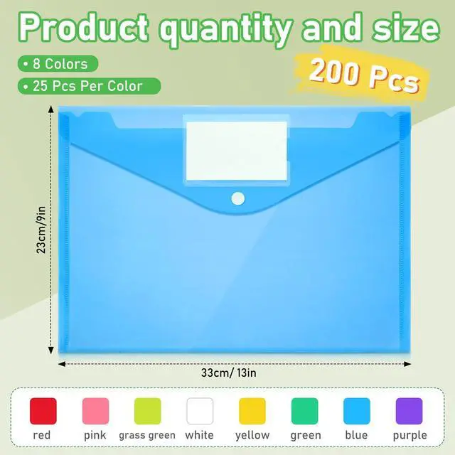 Main image of 200 Pack Plastic Envelopes Clear Poly with Snap Button Closure Colored Document Folders Plastic Envelopes for Home Office School Work Organization Supplies 8 Colors, A4 Size (Label)