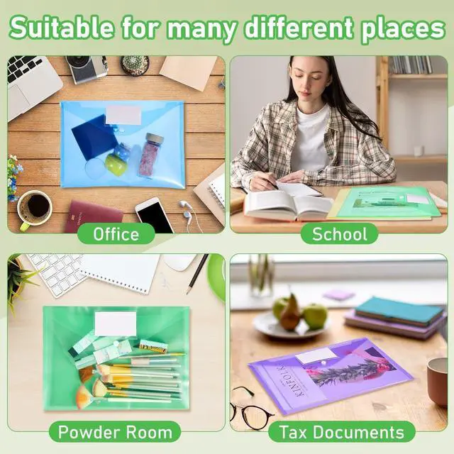 Alt view image 5 of 5 - 200 Pack Plastic Envelopes Clear Poly with Snap Button Closure Colored Document Folders Plastic Envelopes for Home Office School Work Organization Supplies 8 Colors, A4 Size (Label)