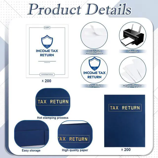 Alt view image 3 of 6 - 400 Pcs Tax Return Folders and Tax Return Envelopes Bulk 9 x 12 Inch 2 Pocket Gold Foil Text Income Folders with Envelopes for Preparers Clients Storing Handling Personal Customer (Blue)
