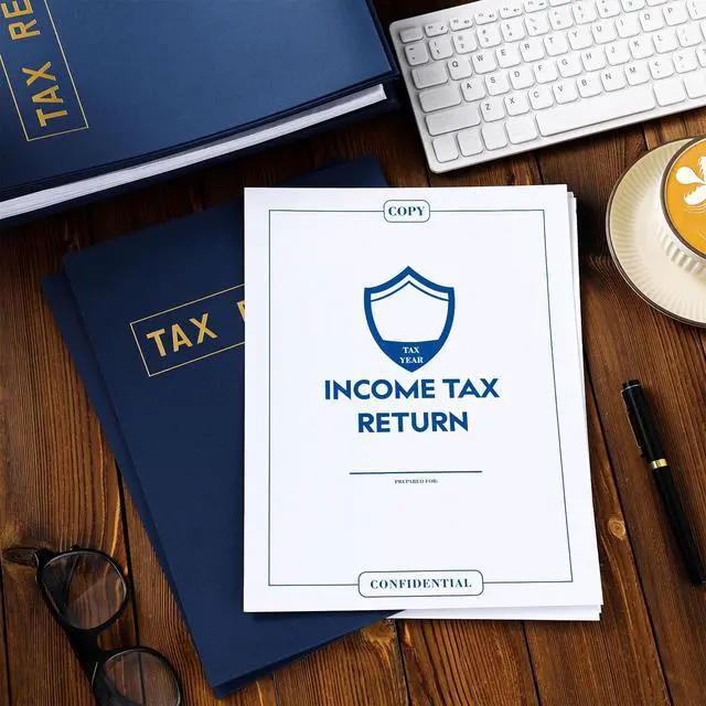 Alt view image 4 of 6 - 400 Pcs Tax Return Folders and Tax Return Envelopes Bulk 9 x 12 Inch 2 Pocket Gold Foil Text Income Folders with Envelopes for Preparers Clients Storing Handling Personal Customer (Blue)