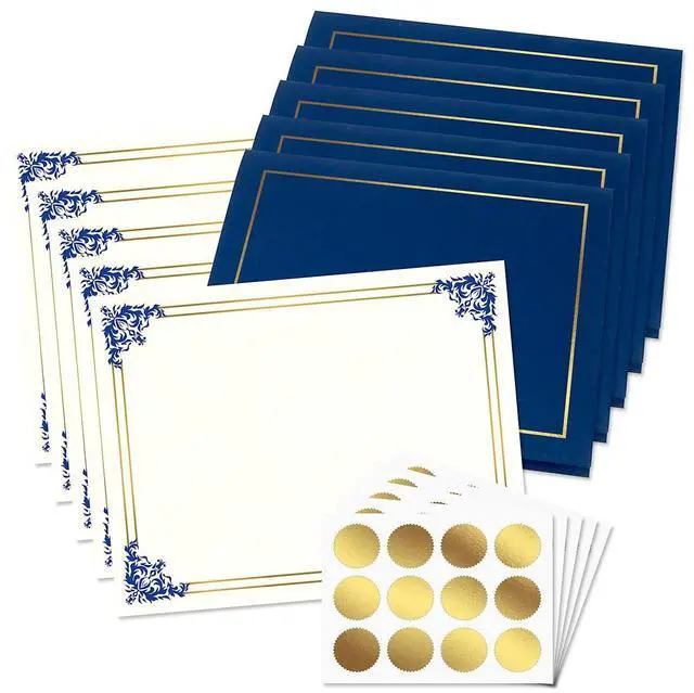Main image of Empire Blue & Gold Award Certificate Collection - Includes 25 Certificate Papers (White/Blue), 25 Heavy Linen Folders (Blue/Gold), 36 Gold Foil Seals, Laser & Inkjet Printer Compatible
