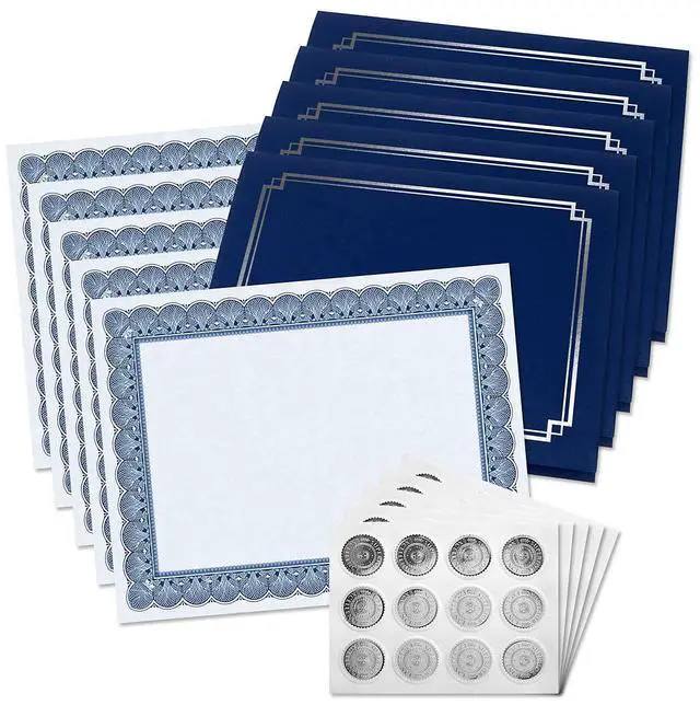 Main image of Classic Elite Award Certificate Collection - Includes 25 Certificate Papers (White/Blue), 25 Heavy Linen Folders (Blue/Silver), 25 Silver Foil Seals, Laser & Inkjet Printer Compatible