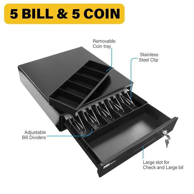 Alt view image 4 of 6 - 16inch Heavy Duty POS Cash Drawer with 5Bill/5Coin, Removable Coin Compartment, 24V, RJ11, Single Large Media Slot, Black