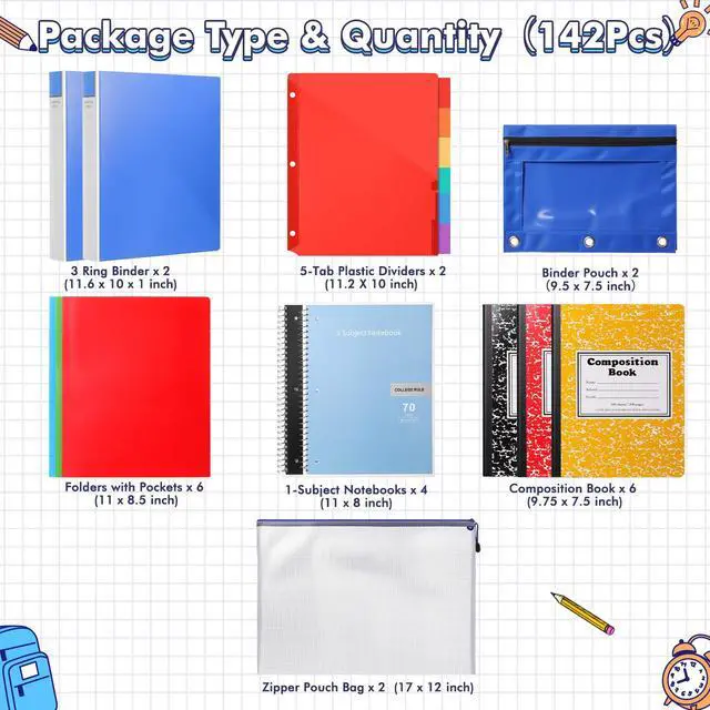 Alt view image 2 of 6 - 144pcs (2 Set) Essential Supplies Kit for High School and College Bundle Includes Composition Pencils Highlighters Binders