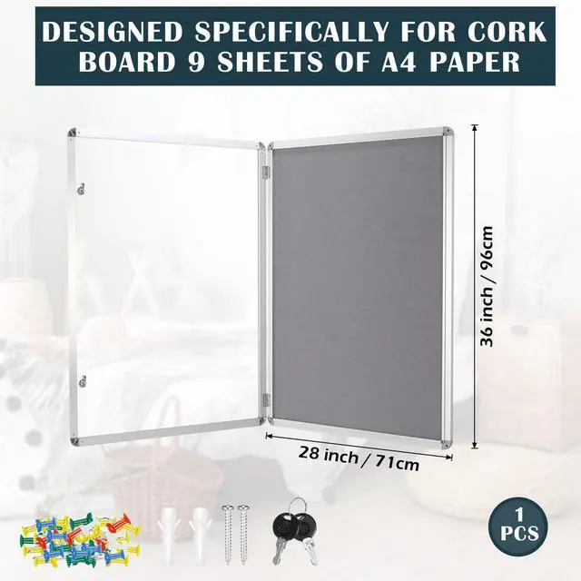 Alt view image 2 of 6 - 36"x28" Lockable Enclosed Bulletin Cork Board, Outdoor Display Case with Glass Door Weather Resistant Notice Board with Aluminum Frame for Office School Hospital Community, 9xA4(Grey)