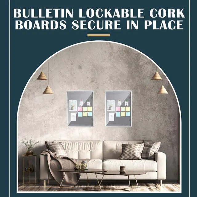 Alt view image 4 of 6 - 36"x28" Lockable Enclosed Bulletin Cork Board, Outdoor Display Case with Glass Door Weather Resistant Notice Board with Aluminum Frame for Office School Hospital Community, 9xA4(Grey)