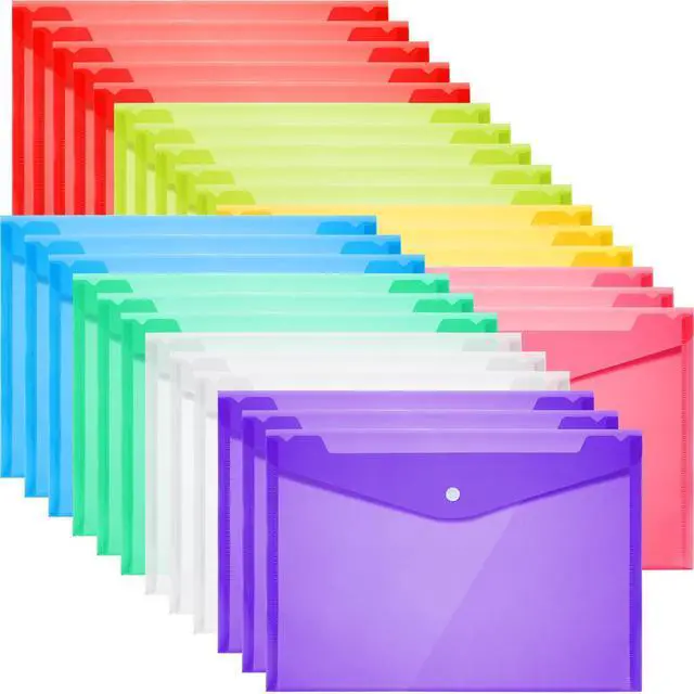 Main image of 200 Pack Plastic Envelopes Clear Poly with Snap Button Closure Colored Document Folders Plastic Envelopes for Home Office School Work Organization Supplies 8 Colors, A4 Size(No Label)