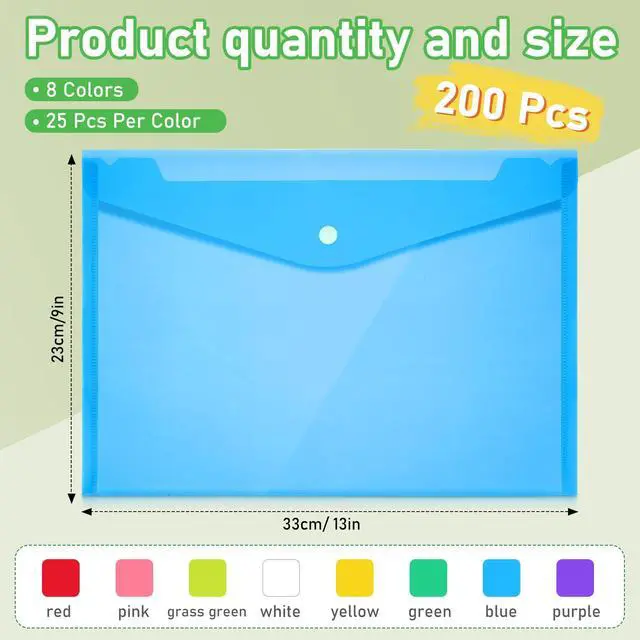 Alt view image 2 of 6 - 200 Pack Plastic Envelopes Clear Poly with Snap Button Closure Colored Document Folders Plastic Envelopes for Home Office School Work Organization Supplies 8 Colors, A4 Size(No Label)