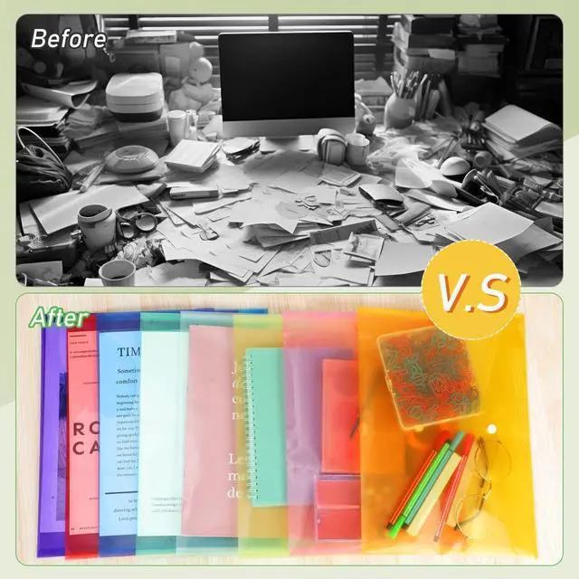 Alt view image 5 of 6 - 200 Pack Plastic Envelopes Clear Poly with Snap Button Closure Colored Document Folders Plastic Envelopes for Home Office School Work Organization Supplies 8 Colors, A4 Size(No Label)