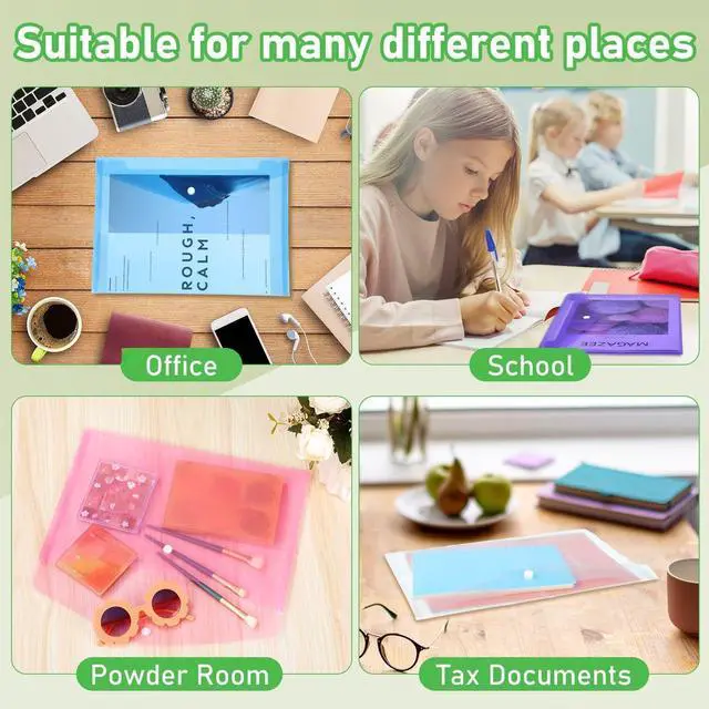 Alt view image 6 of 6 - 200 Pack Plastic Envelopes Clear Poly with Snap Button Closure Colored Document Folders Plastic Envelopes for Home Office School Work Organization Supplies 8 Colors, A4 Size(No Label)