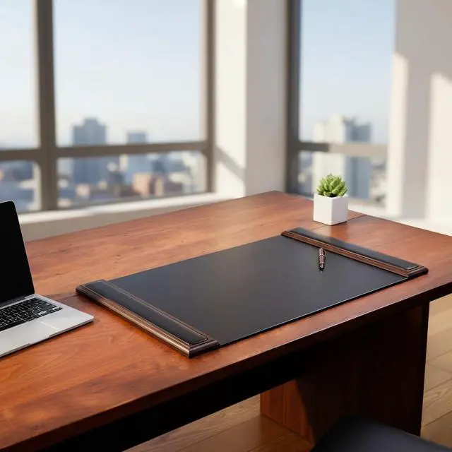 Alt view image 2 of 6 - 25.5 x 17.25 Walnut & Black Leather Desk Pad w/Side Rails - Luxury Desk Blotter for Writing - Padded Executive Desk Surface Protector