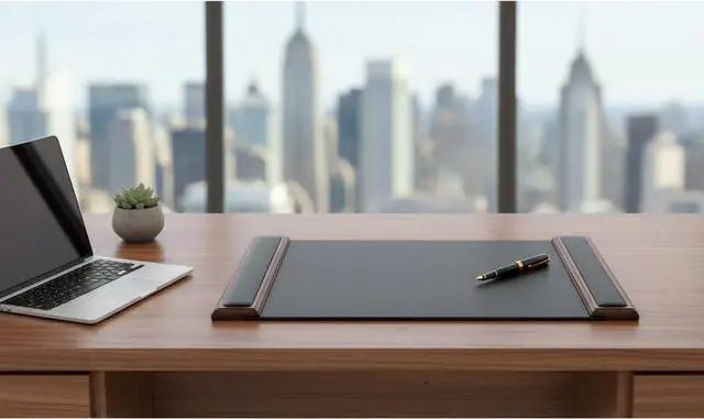 Alt view image 3 of 6 - 25.5 x 17.25 Walnut & Black Leather Desk Pad w/Side Rails - Luxury Desk Blotter for Writing - Padded Executive Desk Surface Protector