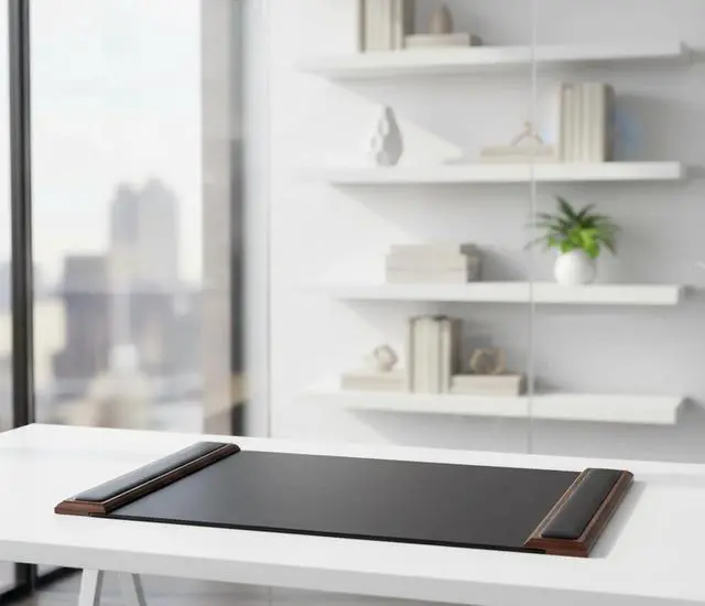 Alt view image 4 of 6 - 25.5 x 17.25 Walnut & Black Leather Desk Pad w/Side Rails - Luxury Desk Blotter for Writing - Padded Executive Desk Surface Protector