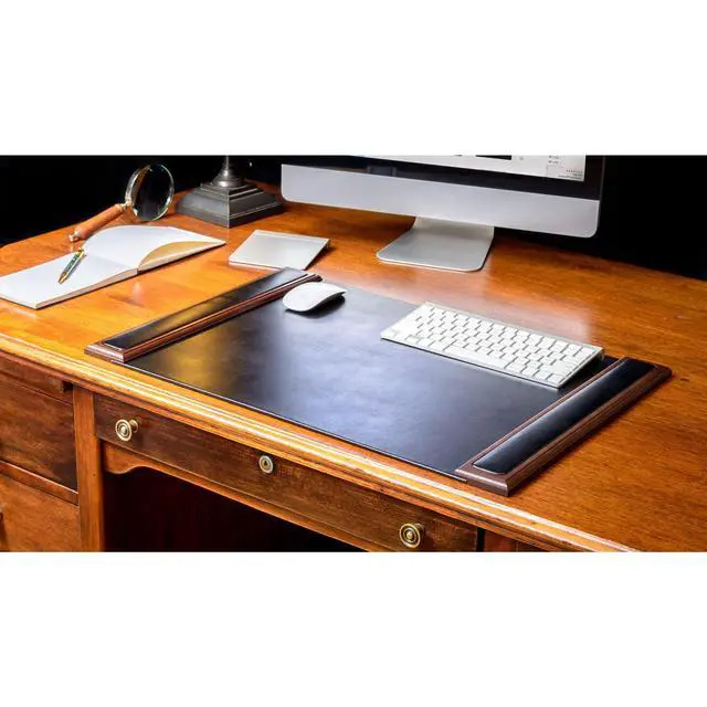 Alt view image 5 of 6 - 25.5 x 17.25 Walnut & Black Leather Desk Pad w/Side Rails - Luxury Desk Blotter for Writing - Padded Executive Desk Surface Protector