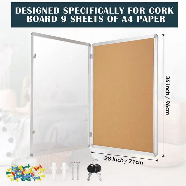 Alt view image 2 of 6 - 36"x28" Lockable Enclosed Bulletin Cork Board, Outdoor Display Case with Glass Door Weather Resistant Notice Board with Aluminum Frame for Office School Hospital Community, 9xA4(Natural Color)