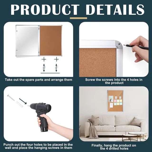 Alt view image 3 of 6 - 36"x28" Lockable Enclosed Bulletin Cork Board, Outdoor Display Case with Glass Door Weather Resistant Notice Board with Aluminum Frame for Office School Hospital Community, 9xA4(Natural Color)