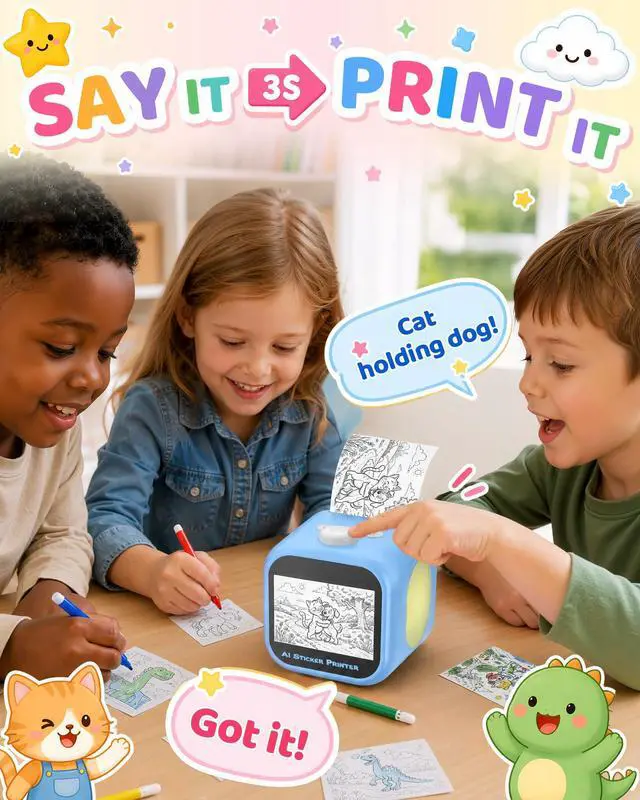 Alt view image 2 of 6 - Kids AI Voice Sticker Printer Toy, No Phone App Needed, Power on & Print by Voice, Ink-Free Thermal Machine with 3.5" Touch Screen, Journaling & DIY Crafts, Birthday Gift for Kids Ages 3+