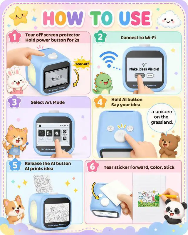 Alt view image 4 of 6 - Kids AI Voice Sticker Printer Toy, No Phone App Needed, Power on & Print by Voice, Ink-Free Thermal Machine with 3.5" Touch Screen, Journaling & DIY Crafts, Birthday Gift for Kids Ages 3+
