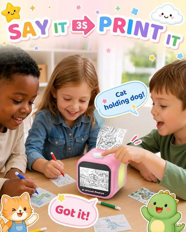 Alt view image 2 of 6 - Kids AI Voice Sticker Printer Box Toyx, No Phone App Needed, Power on & Print by Voice, Ink-Free Thermal Machine with 3.5" Touch Screen, Journaling & DIY Crafts, Birthday Gift for Kids Ages 3+