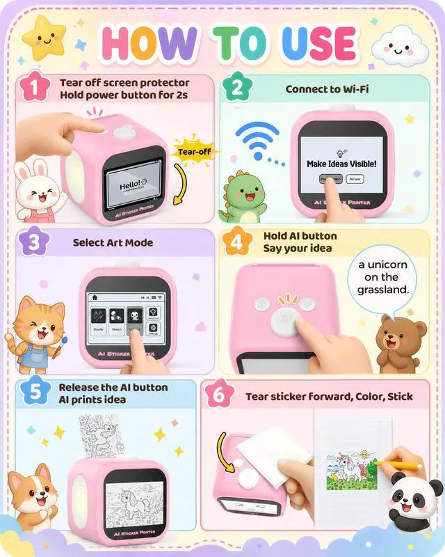Alt view image 4 of 6 - Kids AI Voice Sticker Printer Box Toyx, No Phone App Needed, Power on & Print by Voice, Ink-Free Thermal Machine with 3.5" Touch Screen, Journaling & DIY Crafts, Birthday Gift for Kids Ages 3+