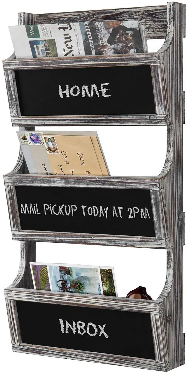 Main image of Wall Mounted Torched Solid Wood Magazine and Mail Holder Organizer Rack with 3 Slots and Chalkboard Labels