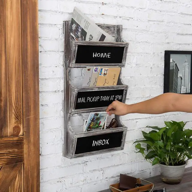 Alt view image 3 of 6 - Wall Mounted Torched Solid Wood Magazine and Mail Holder Organizer Rack with 3 Slots and Chalkboard Labels