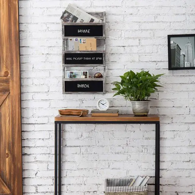 Alt view image 4 of 6 - Wall Mounted Torched Solid Wood Magazine and Mail Holder Organizer Rack with 3 Slots and Chalkboard Labels