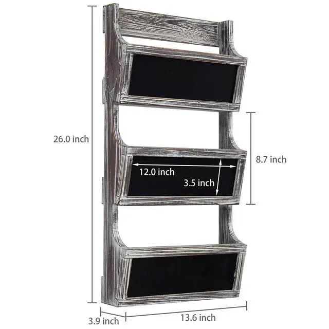 Alt view image 5 of 6 - Wall Mounted Torched Solid Wood Magazine and Mail Holder Organizer Rack with 3 Slots and Chalkboard Labels