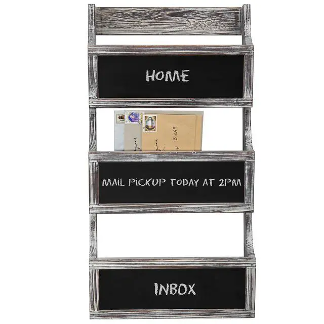 Alt view image 6 of 6 - Wall Mounted Torched Solid Wood Magazine and Mail Holder Organizer Rack with 3 Slots and Chalkboard Labels