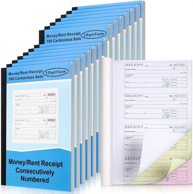 Main image of 15 Pack Money and Rent Receipt Books 3 Part Carbonless 7-5/8" x 10-7/8" Bound Wraparound Cover, 100 Sets Per Book 4 Receipts Per Page