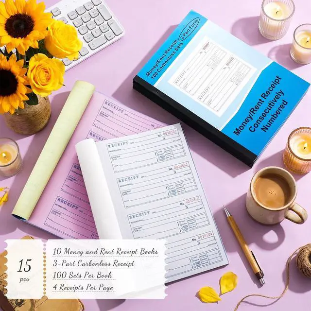 Alt view image 3 of 6 - 15 Pack Money and Rent Receipt Books 3 Part Carbonless 7-5/8" x 10-7/8" Bound Wraparound Cover, 100 Sets Per Book 4 Receipts Per Page